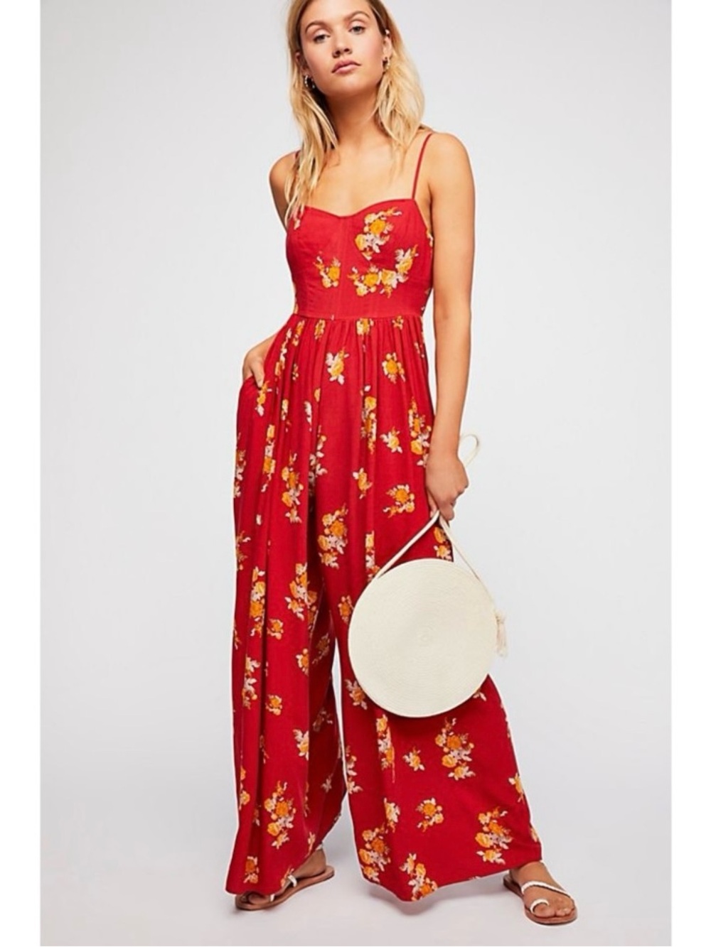 Free People What Is Love Red Floral Jumpsuit Size 2